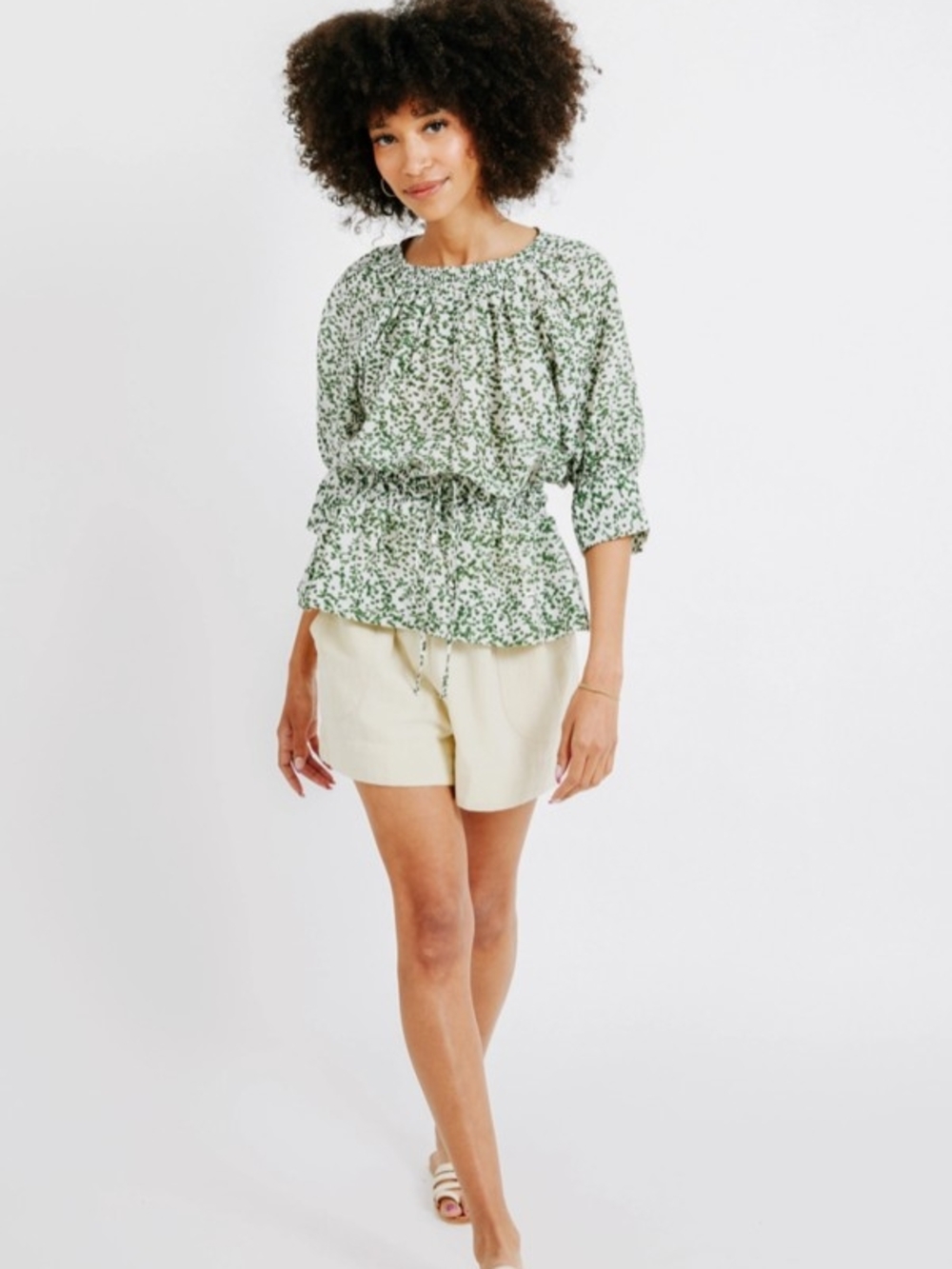 Smocked Green Floral Drawstring Cotton Silk Blouse Size Small